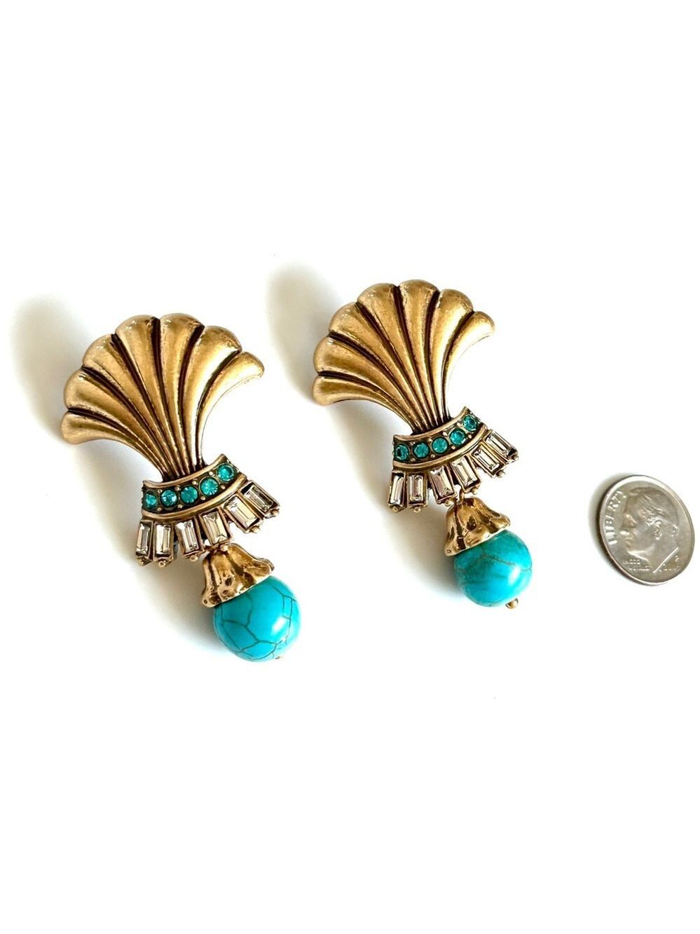 KRAMER Vintage Turquoise & Crystal Brushed Gold-Tone Shell Drop Earrings | NEW - Picture 9 of 9